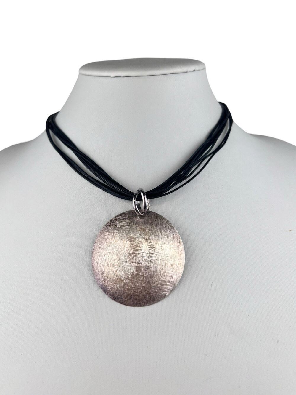 Milor Italy 2" Textured Disc Pendant Sterling Silver Necklace 18" Black Cords